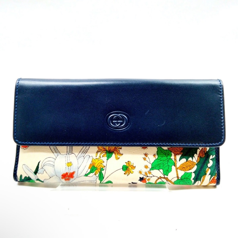 Gucci Vintage Leather and Floral Canvas Bi-Fold Wallet EUC